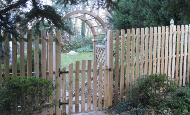 wood fence arc spaced picket with custom arbor Ardmore PA 19003